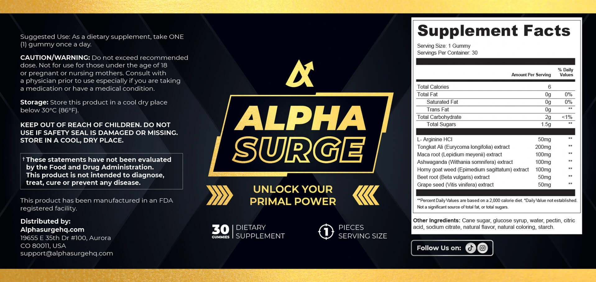 Alpha Surge supplement facts label